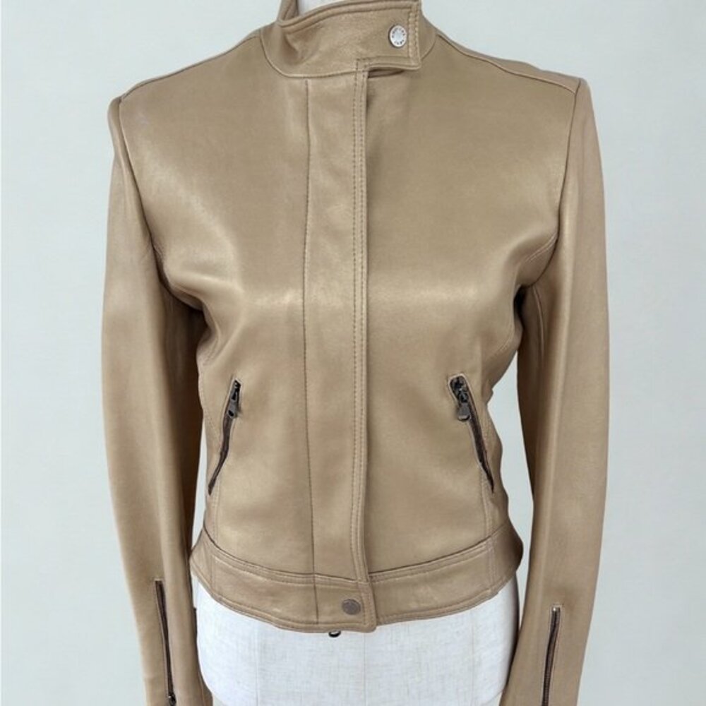 Leather Motorcycle Jacket Gold Size 2 EUC